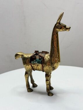 Brass Llama Figurine with Turquoise Accent
